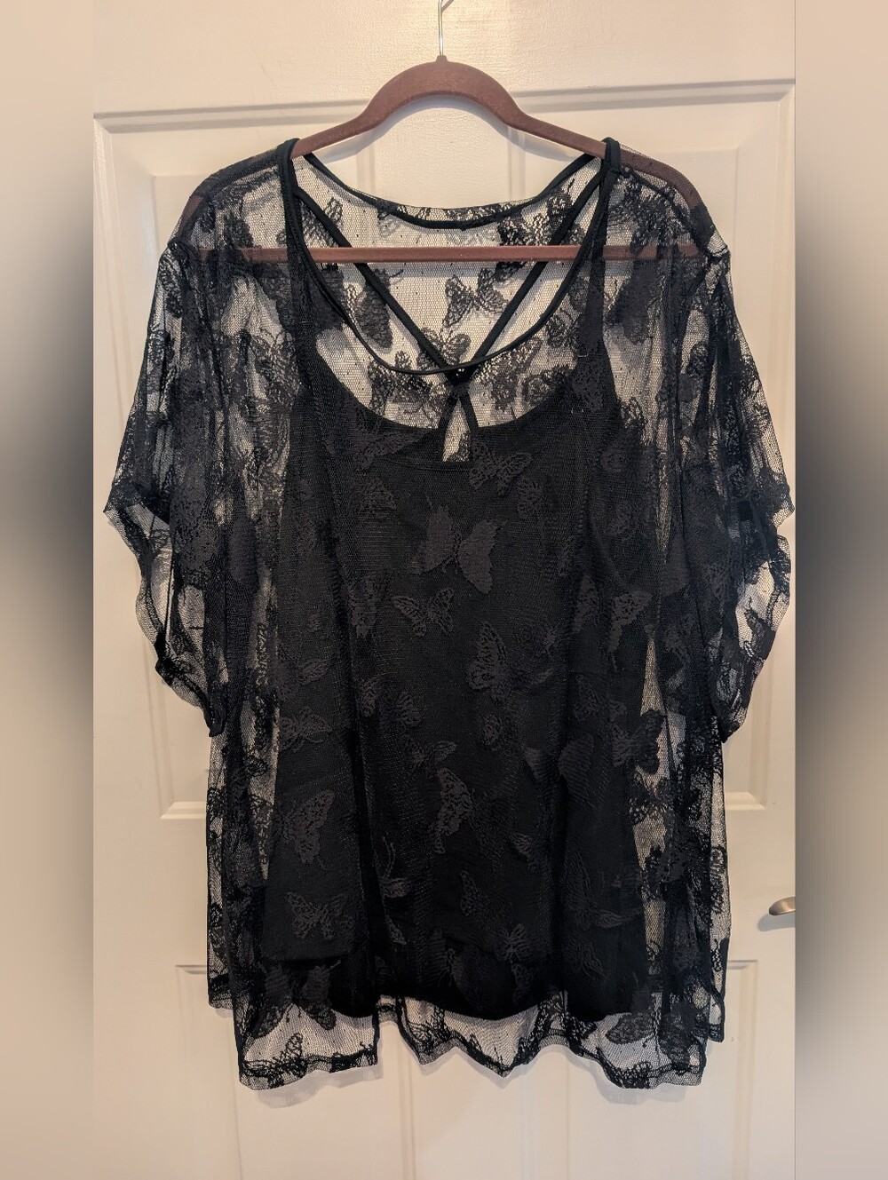 Black Lace Overlay Butterfly Top - Women's